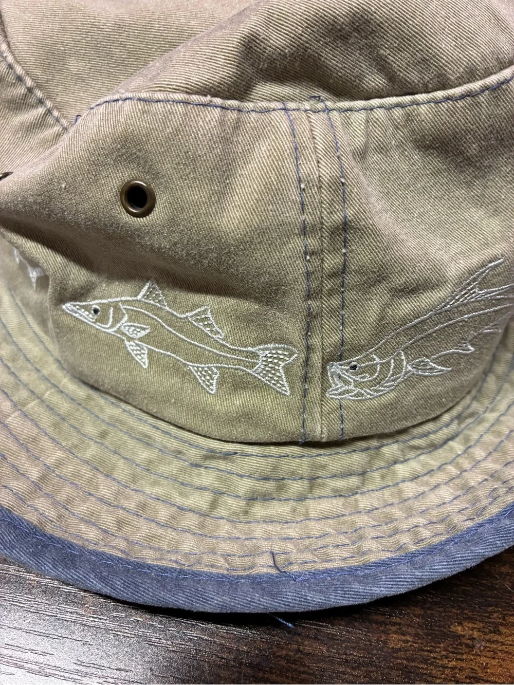 Vintage Fishing Bucket Hat in Olive Khaki with Chin Strap and Fish Embroidery